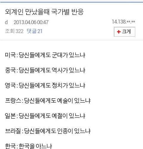 외계인을 만났을때 국가별 반응