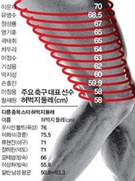 우리나라 유명 운동선수들 허벅지 둘레