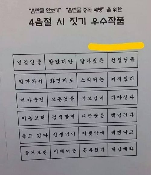 여중의 음란물방지 4음절 짓기