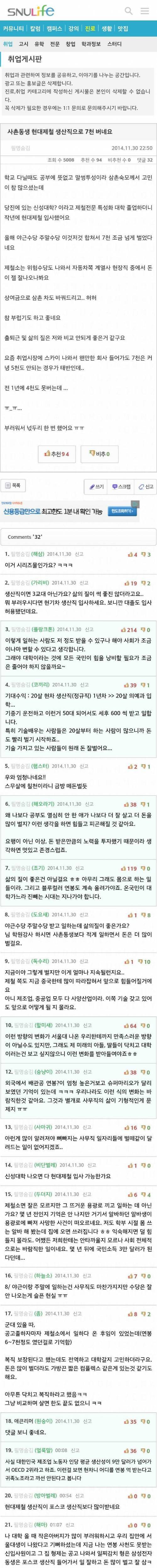 고연봉 생산직에 대한 서울대생 반응