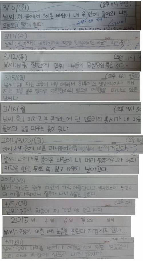 초등학생 일기장에 쓰여진 날씨