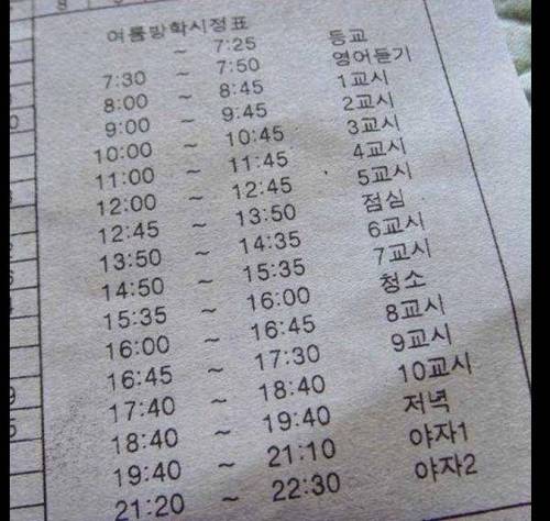 대한민국 고등학생의 여름방학 시정표