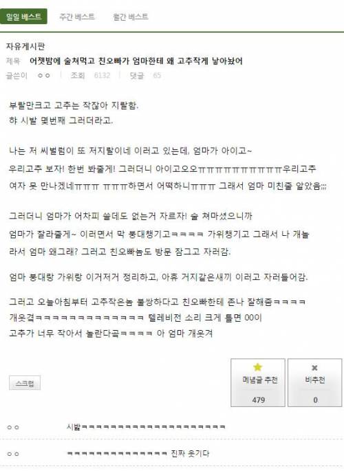 어젯밤에 술먹고 친오빠가 엄마한테 한 말