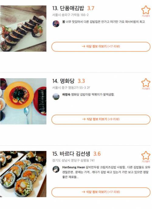 전국 김밥맛집 TOP 20