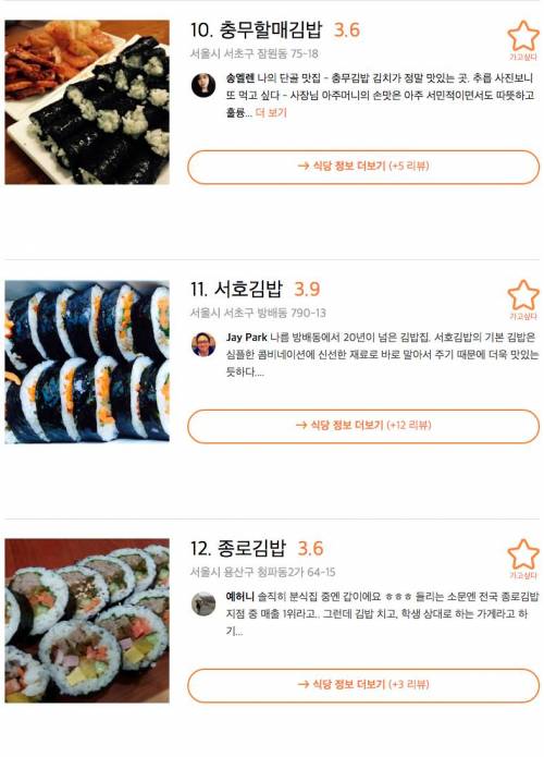 전국 김밥맛집 TOP 20