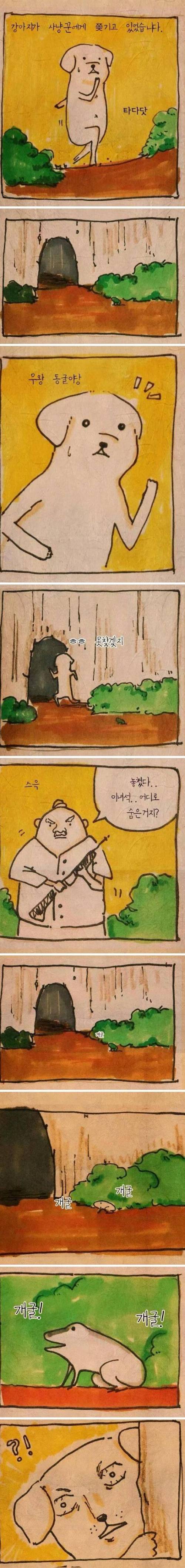 강아지가 사냥꾼에게 쫓기고 있었습니다