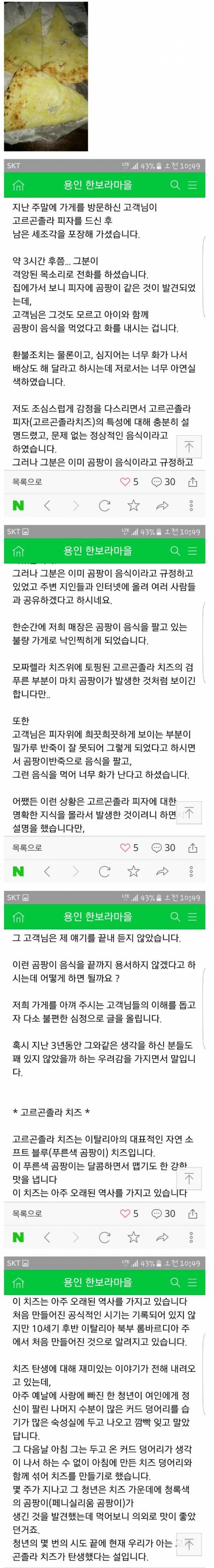 고르곤졸라 피자 먹고 피자에 곰팡이 폈다고 난리치는고객