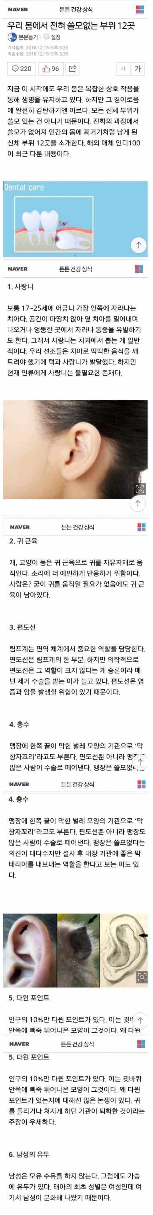 우리 몸에서 필요없는 12가지의 부위