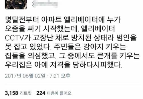 몇달전부터 엘리베이터에 누가 오줌을 싸기 시작했다