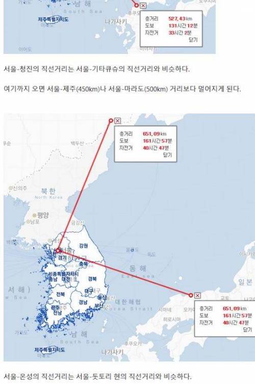 북한의 도시들은 서울에서 얼마나 멀까