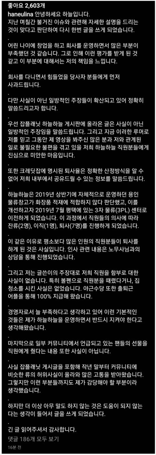 퇴사율 91% 갑질 논란 유튜버 하늘 해명