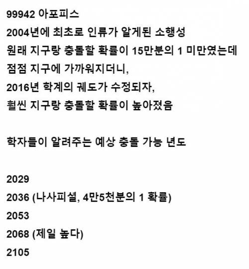 지구랑 충돌가능성이 '최근' 높아진 소행성