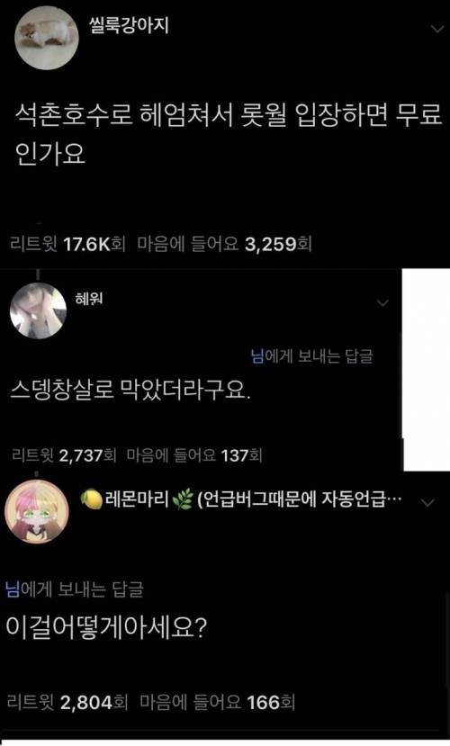 석촌호수로 헤엄쳐서 롯데월드 입장하면 무료인가요?