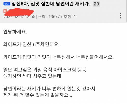 임신6차, 입덧 심한데 남편이란 새키가