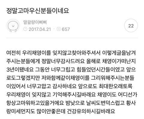 아내가 세상을 떠난 후 아직까지 팬카페에 글을 쓰는 유채영 남편