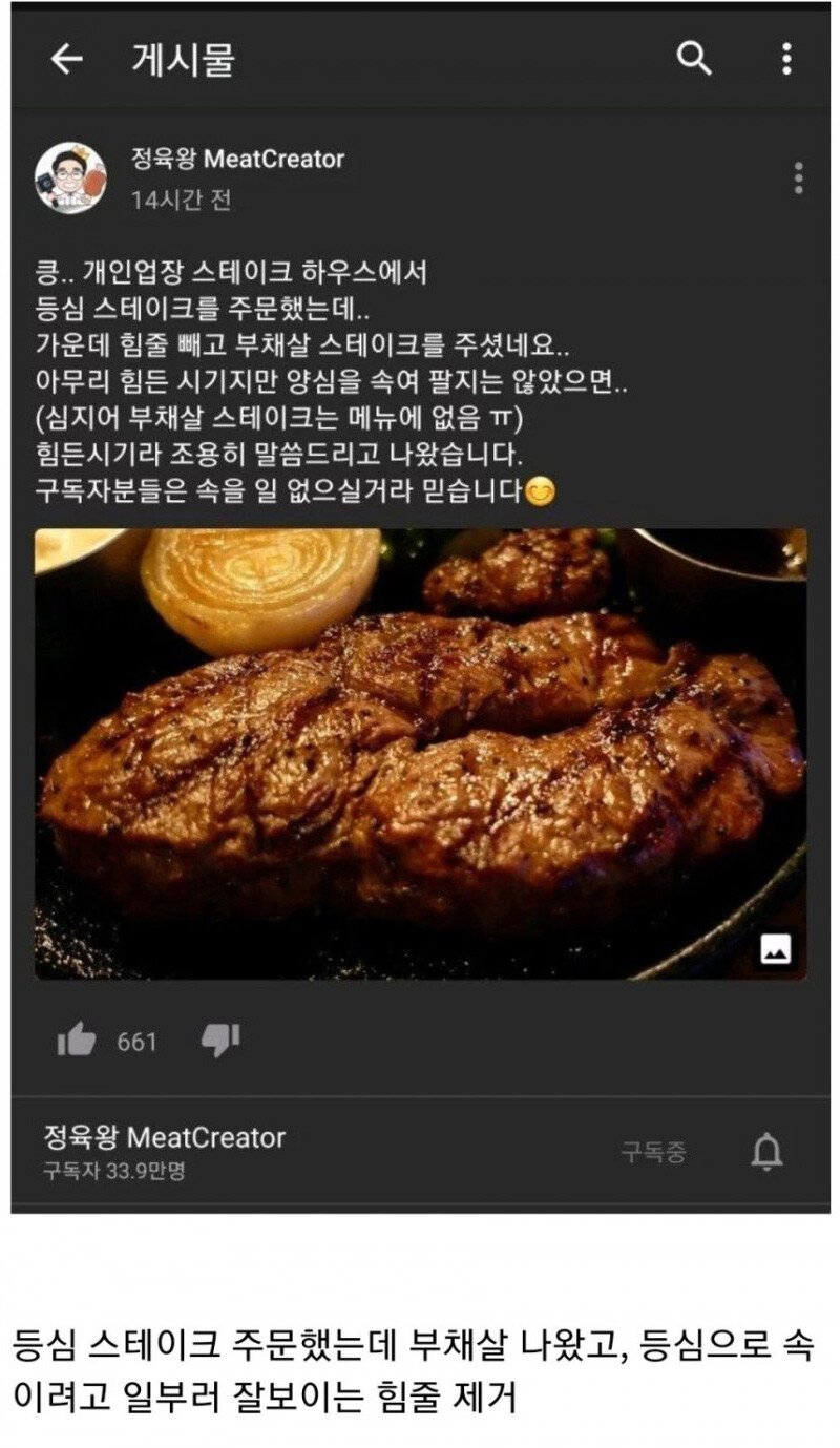 고기 전문 유튜버 앞에 내놓은 스테이크.jpg