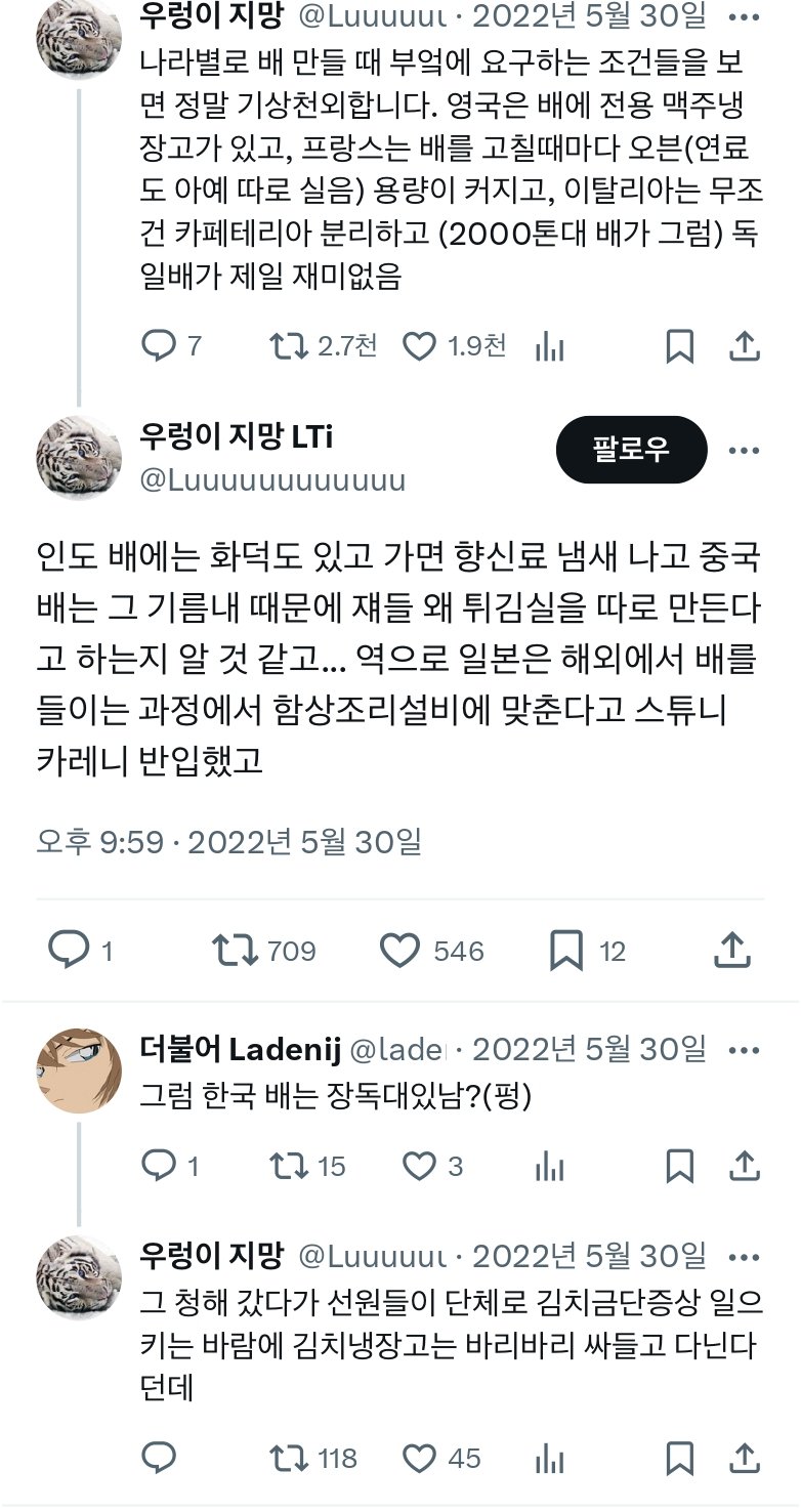 나라별로 배 만들 때 부엌에 요구하는 조건들