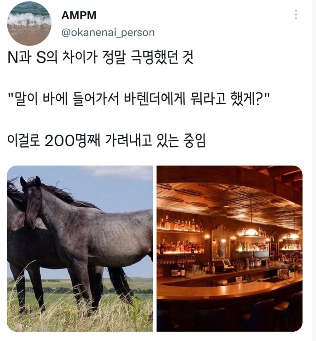 말이 바에 들어가서 바텐더한테 뭐라고 했게?