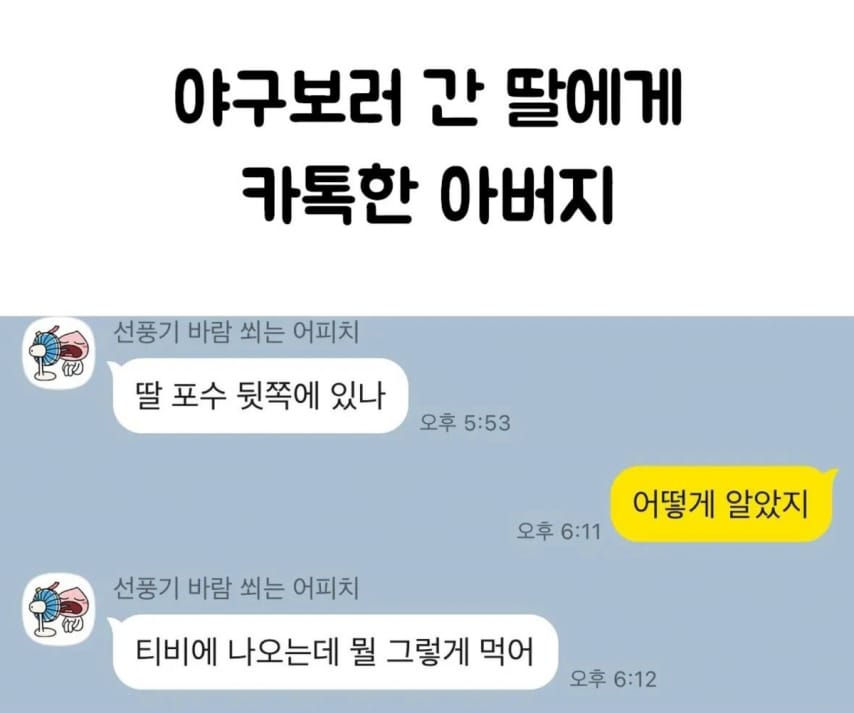 야구보러 간 딸에게 카톡한 아부지