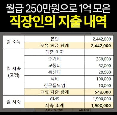 월급 250만원으로 1억 모은 직장인의 지출 내역