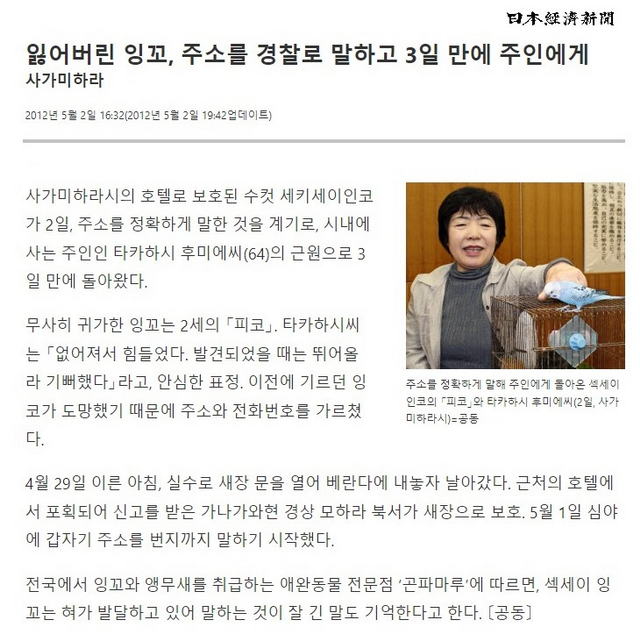 日 - 고전] 실종 잉꼬가 경찰에 집주소 대고 돌아옴.jpg