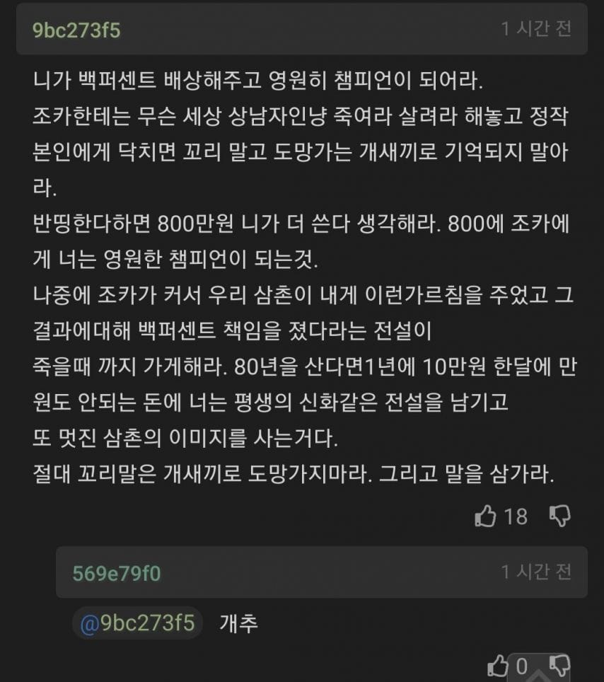 조카한테 조언했는데 깽값 물어주게 생겻다