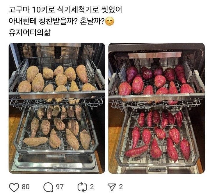 고구마 10kg를 식세기로 씻은 사람