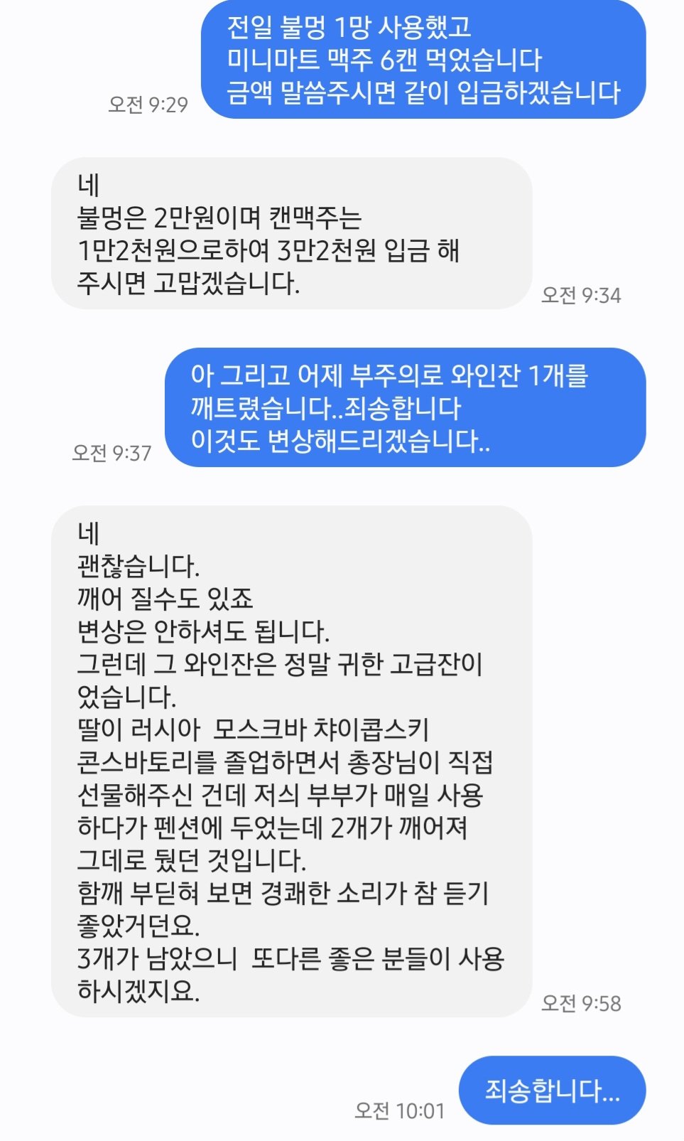 에어비앤비 숙소에서 와인잔 깨뜨리고 사장님한테 받은 문자.jpg