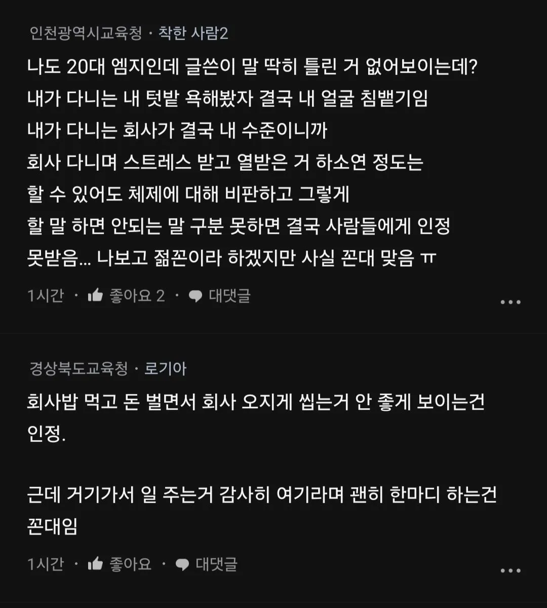 신입들끼리 밥먹으면서 회사 욕하길래 한마디 한 꼰대 블라인