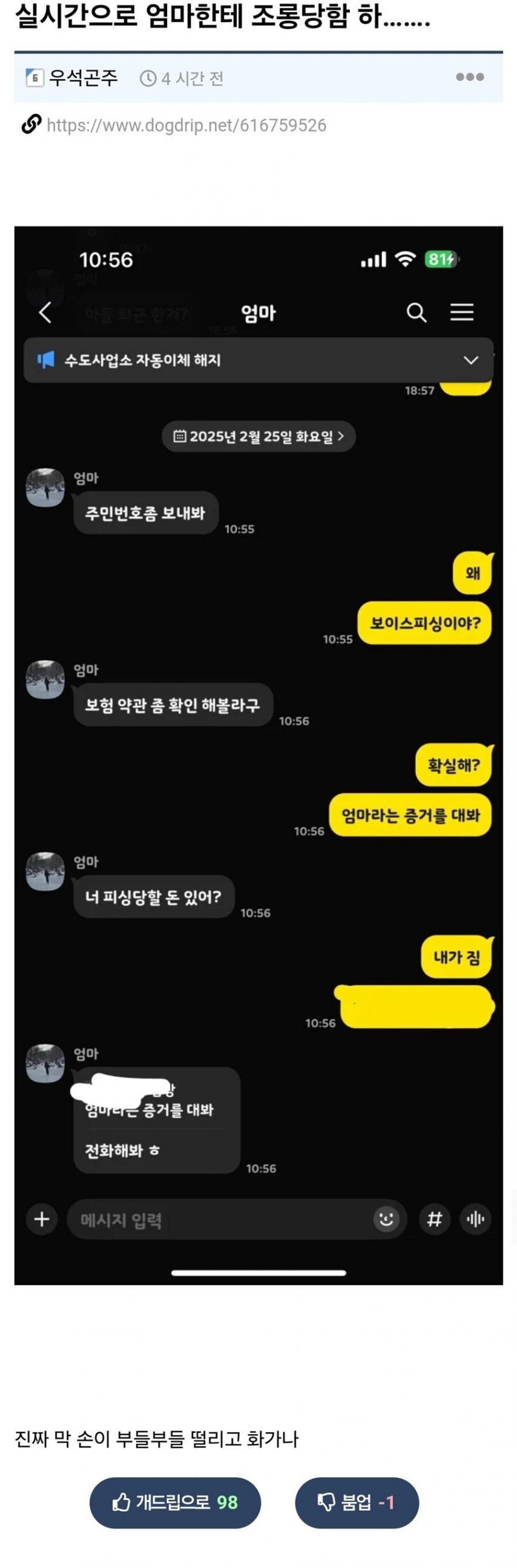 실시간으로 엄마한테 조롱 당함